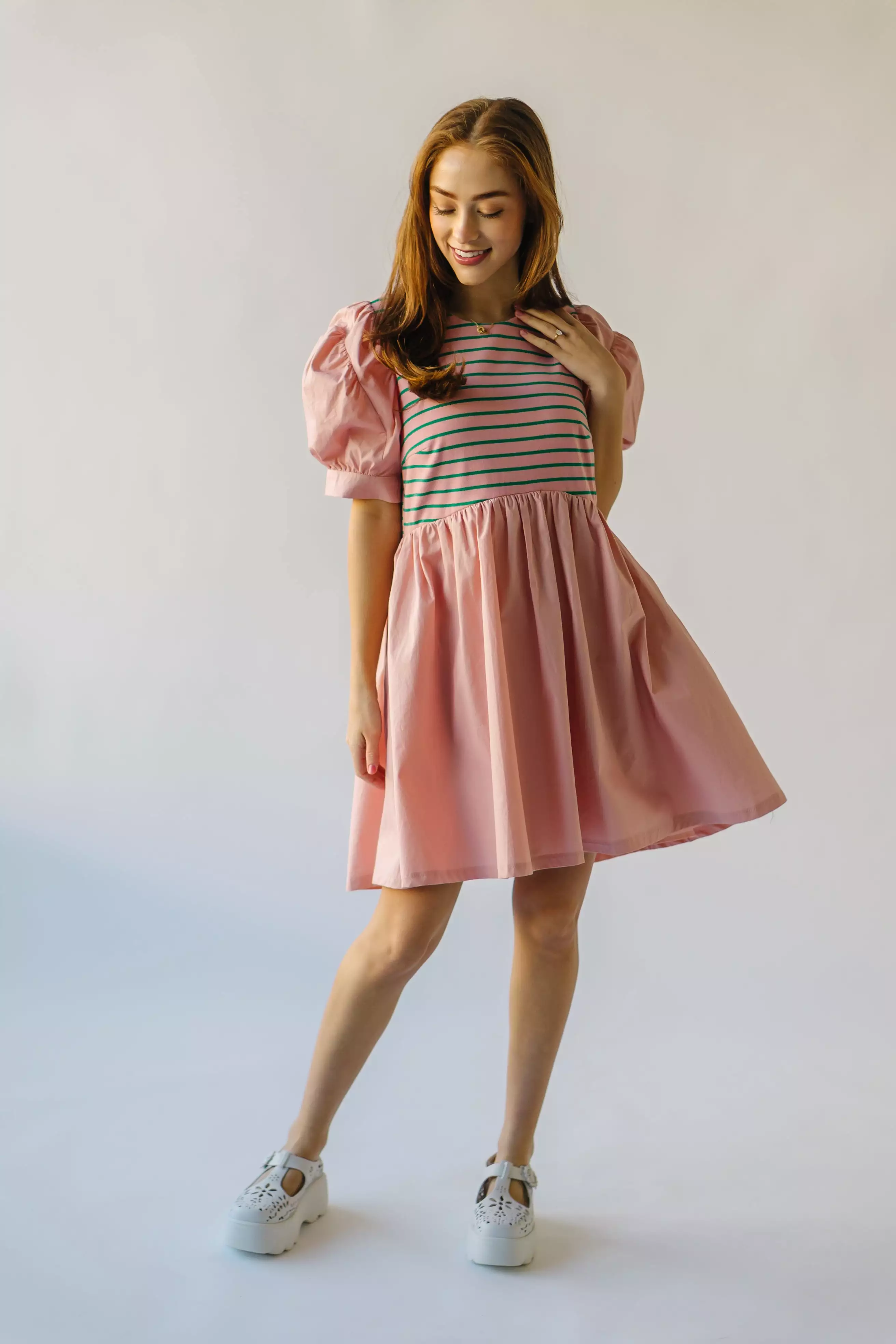 The Taylen Puff Sleeve Dress in Pink + Green Stripe