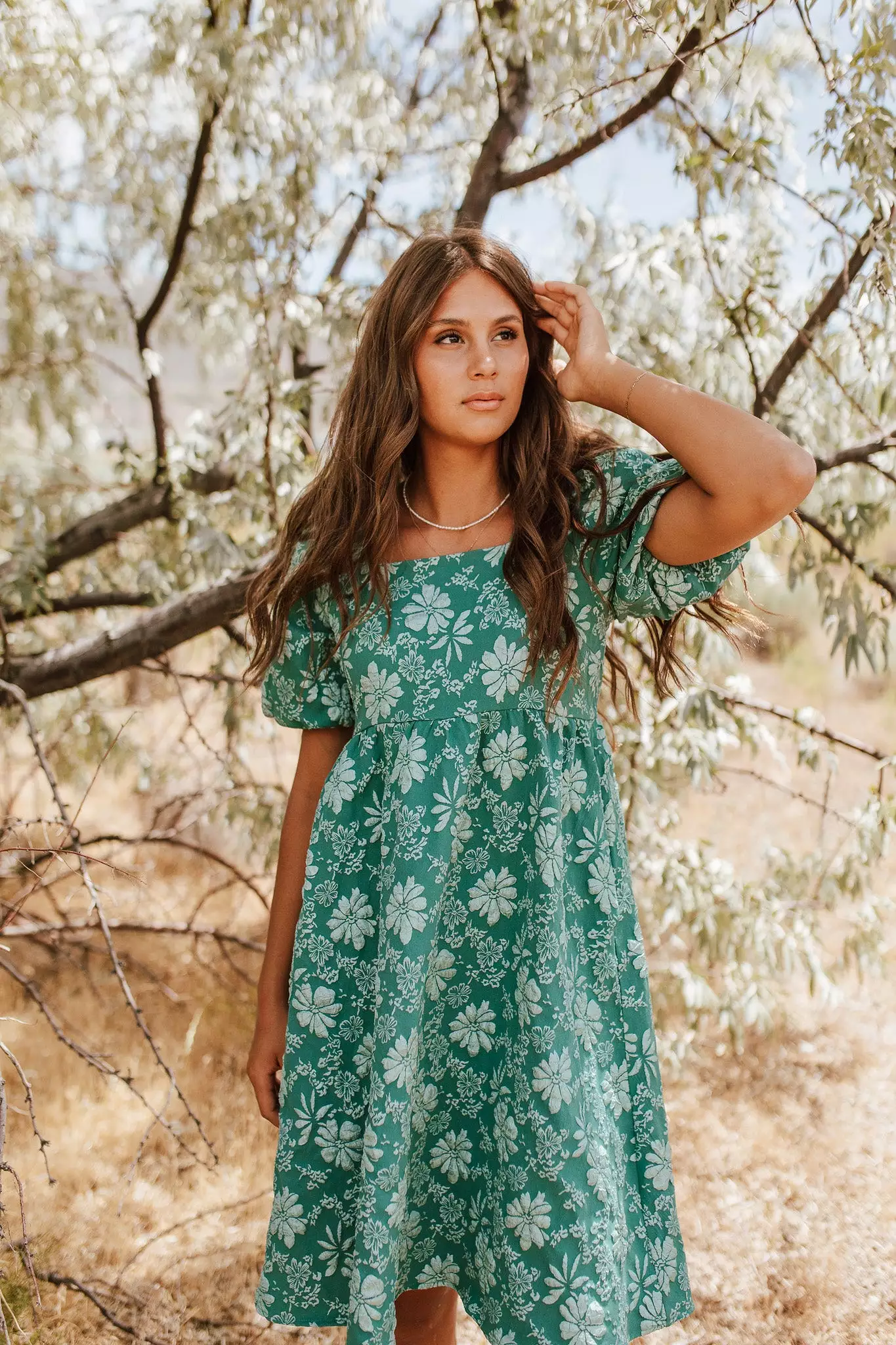 The Twain Square Neck Floral Dress in Green