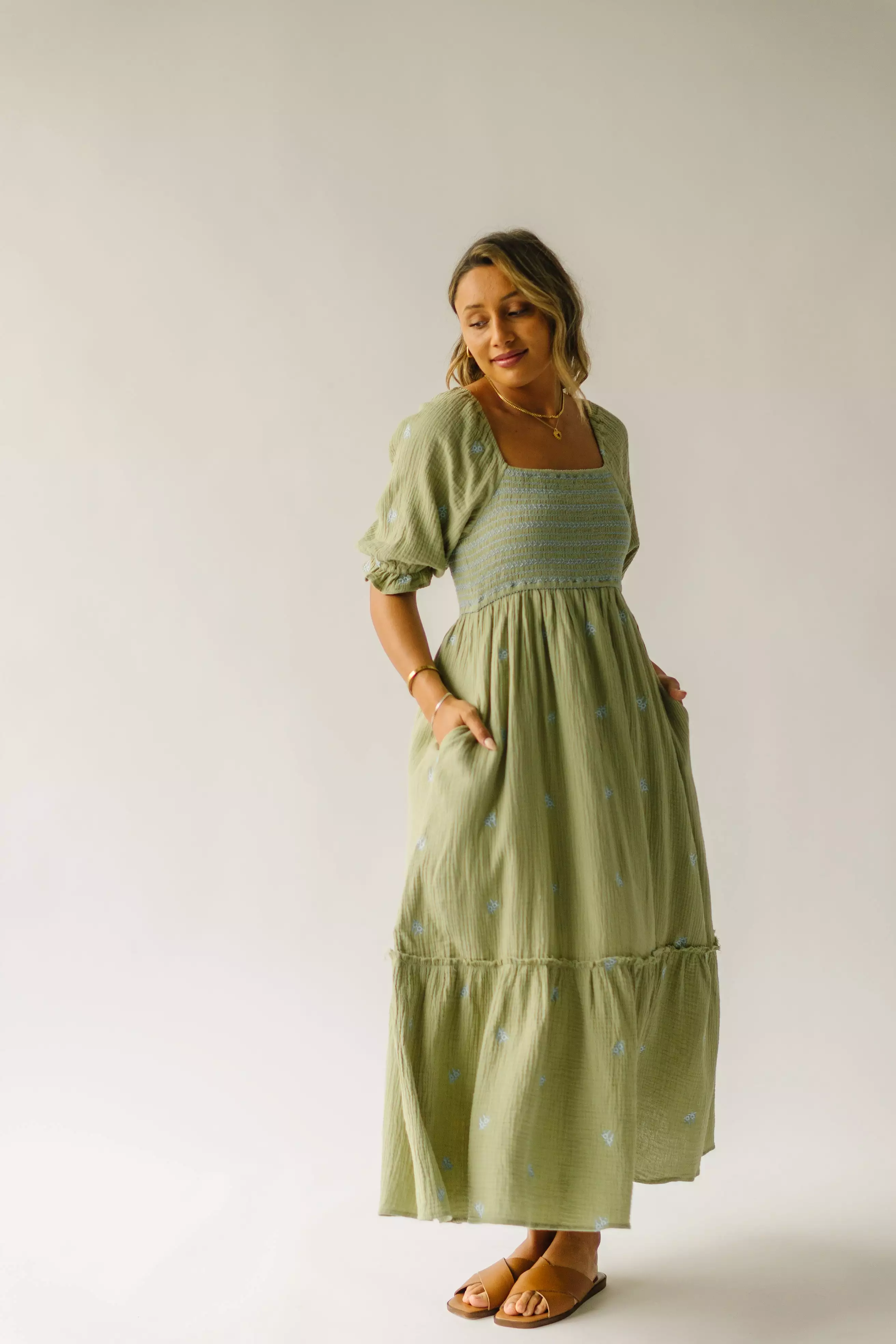 The Wickham Smocked Detail Dress in Moss