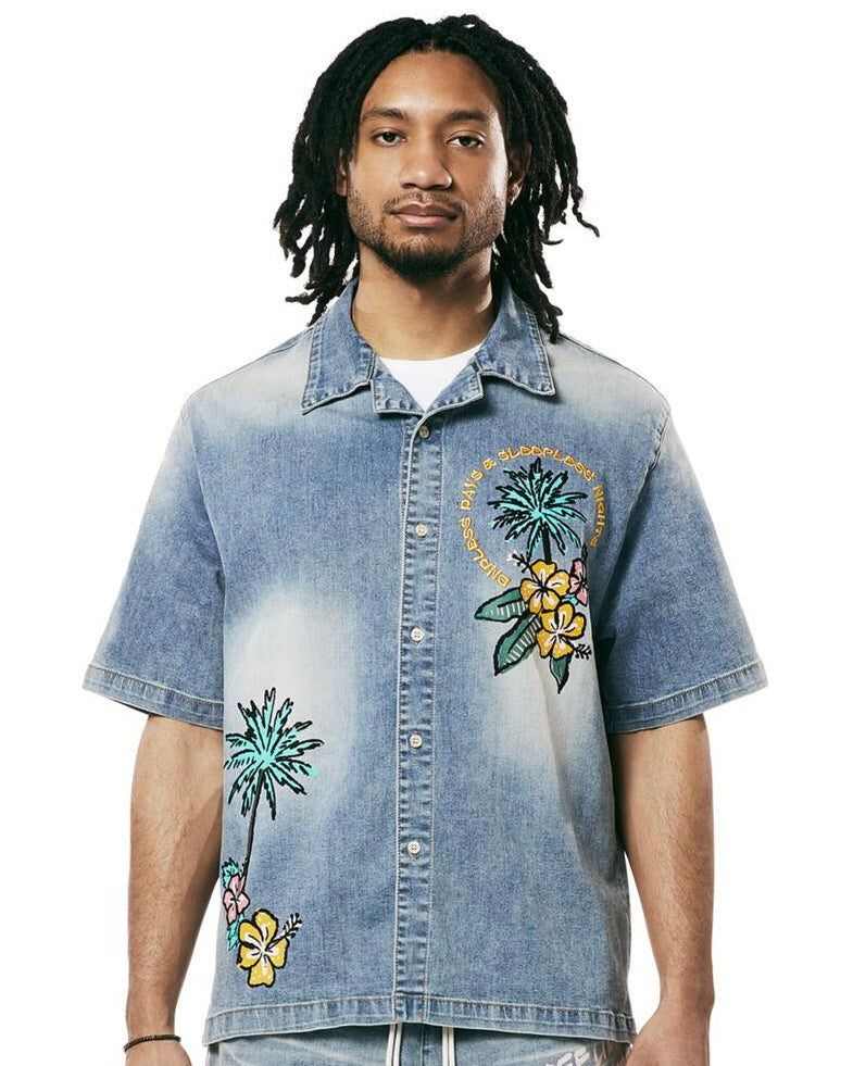 Tropical Doodle Denim Shirt