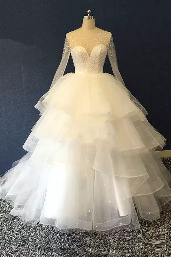 Unique White Multi-layer Beaded Ball Gown Wedding Dresses