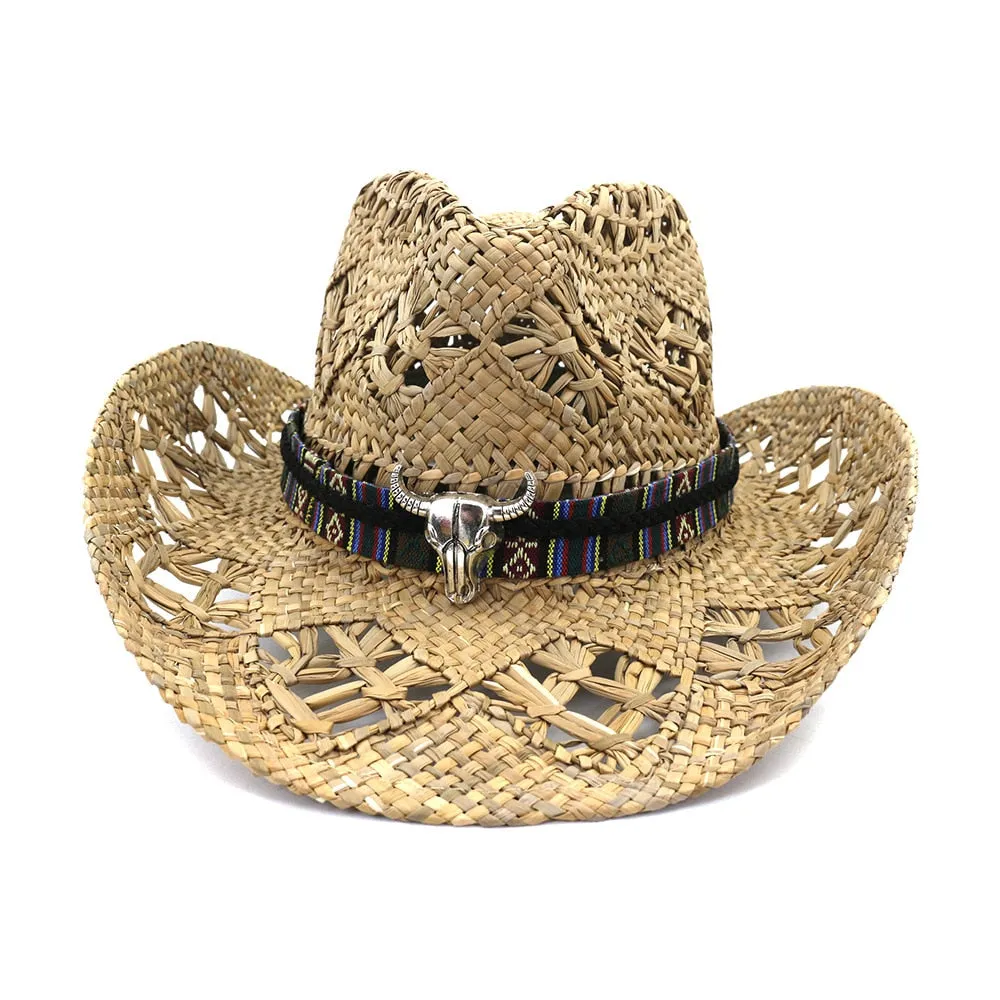 Unisex Bull Head Band Decor Handmade Outdoor Western Cowboy Hat