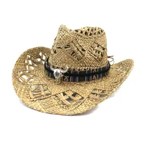 Unisex Bull Head Band Decor Handmade Outdoor Western Cowboy Hat