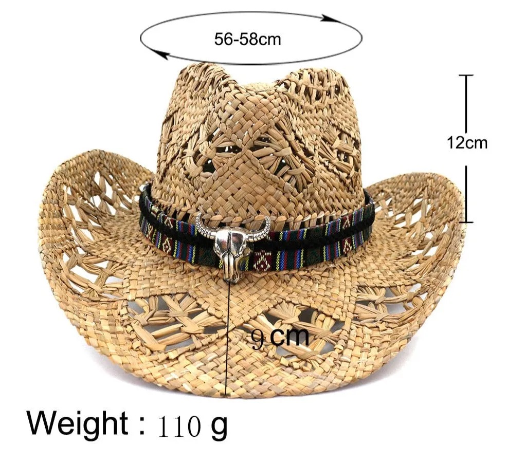 Unisex Bull Head Band Decor Handmade Outdoor Western Cowboy Hat