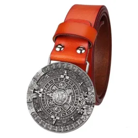 Unisex Genuine Leather Cowhide Metal Mayan Solar calendar pattern Belts