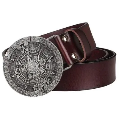 Unisex Genuine Leather Cowhide Metal Mayan Solar calendar pattern Belts