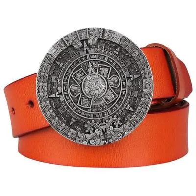 Unisex Genuine Leather Cowhide Metal Mayan Solar calendar pattern Belts