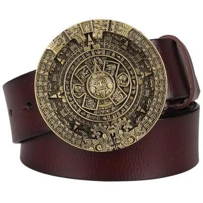 Unisex Genuine Leather Cowhide Metal Mayan Solar calendar pattern Belts