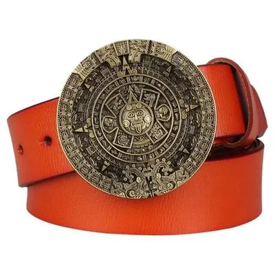 Unisex Genuine Leather Cowhide Metal Mayan Solar calendar pattern Belts