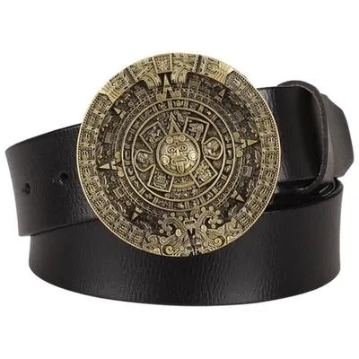 Unisex Genuine Leather Cowhide Metal Mayan Solar calendar pattern Belts