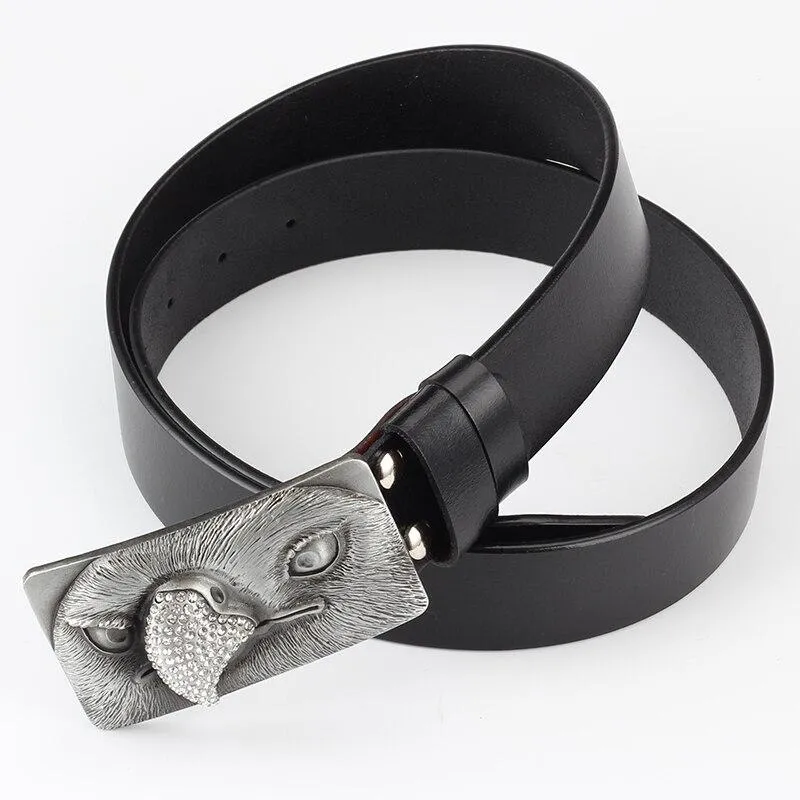 Unisex Genuine Leather Eagle Head Buckle Mosaic Diamond Buckle Belt