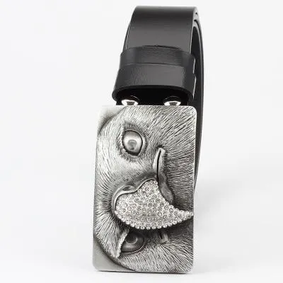 Unisex Genuine Leather Eagle Head Buckle Mosaic Diamond Buckle Belt