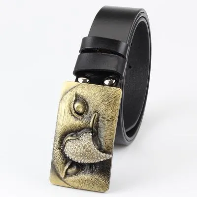 Unisex Genuine Leather Eagle Head Buckle Mosaic Diamond Buckle Belt