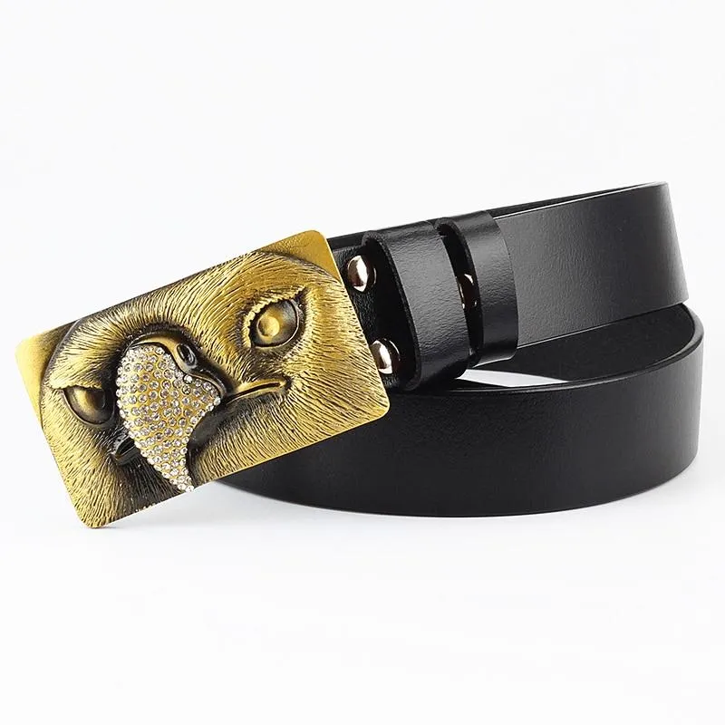 Unisex Genuine Leather Eagle Head Buckle Mosaic Diamond Buckle Belt