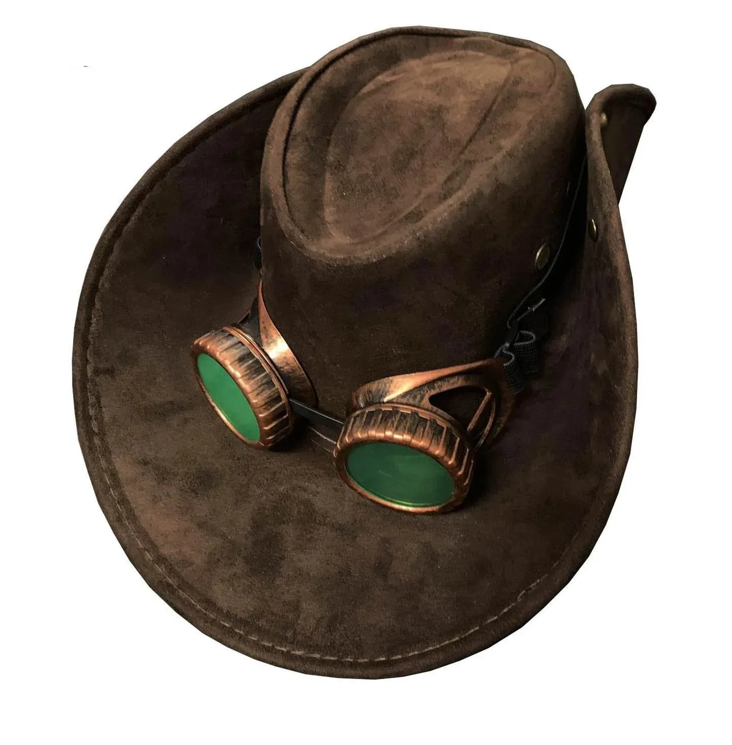 Unisex Genuine Leather Western Steampunk Cowboy Hat with Goggles