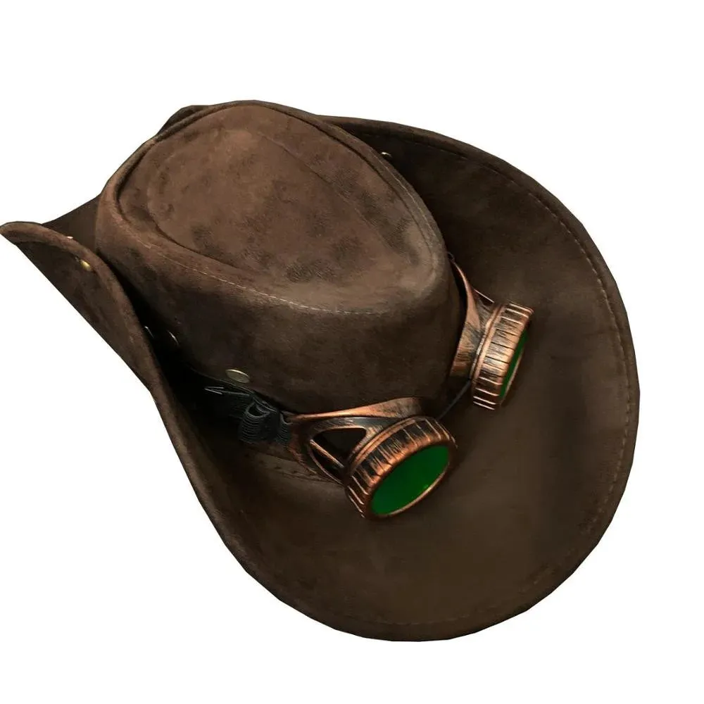 Unisex Genuine Leather Western Steampunk Cowboy Hat with Goggles