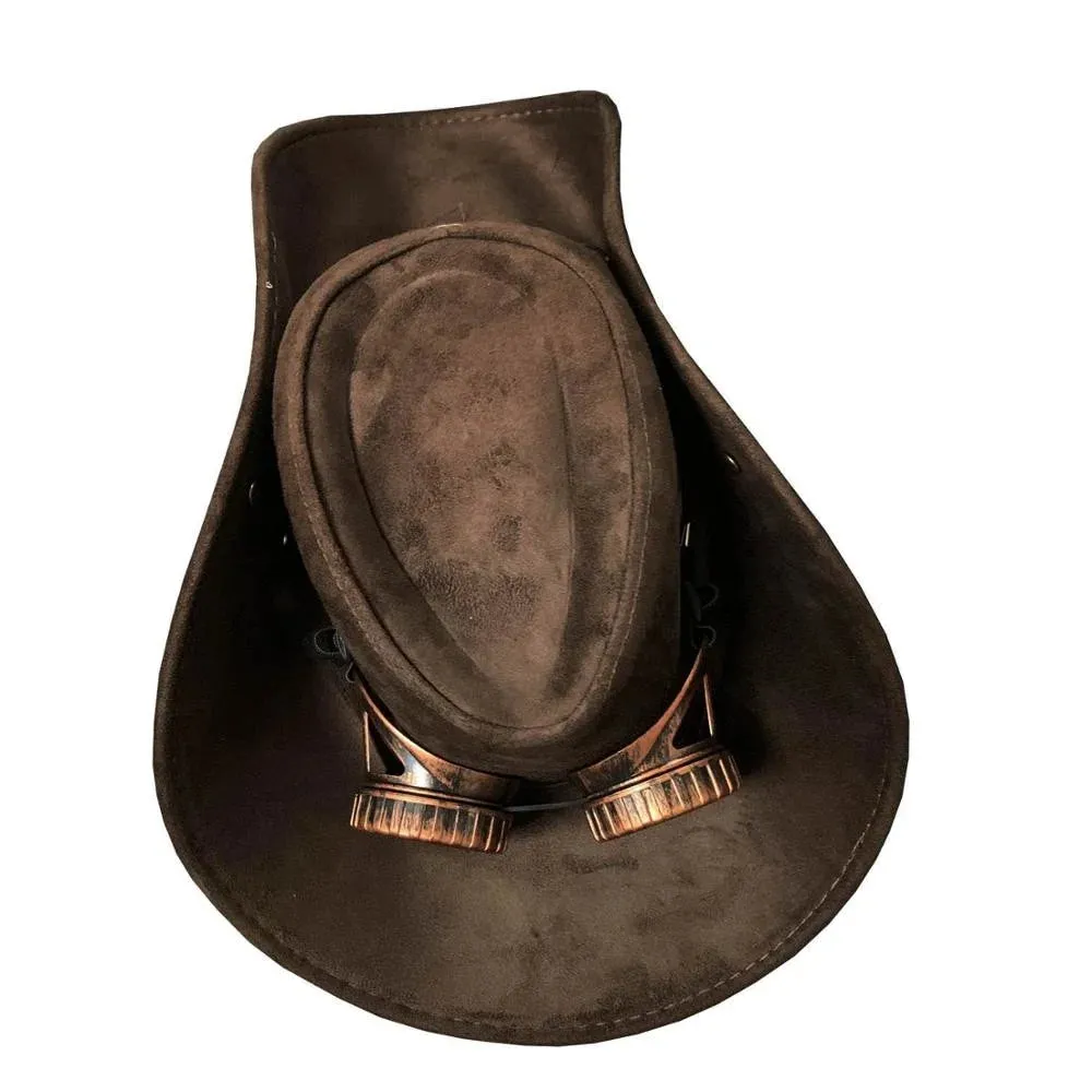 Unisex Genuine Leather Western Steampunk Cowboy Hat with Goggles