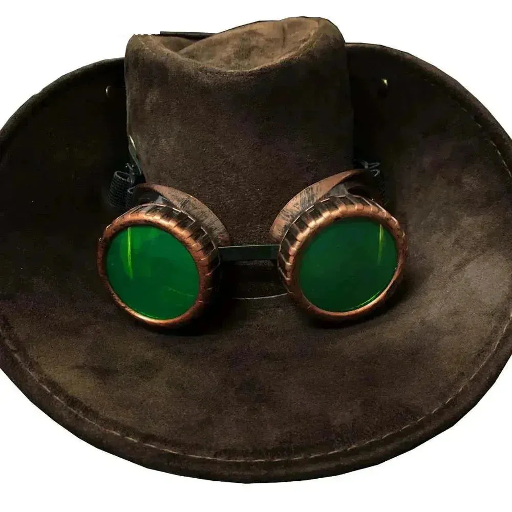 Unisex Genuine Leather Western Steampunk Cowboy Hat with Goggles