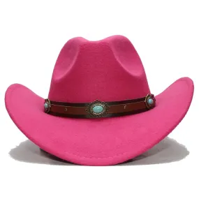 Unisex Retro Solid Turquoise Bead Leather Wide Brim Western Cowboy Hat