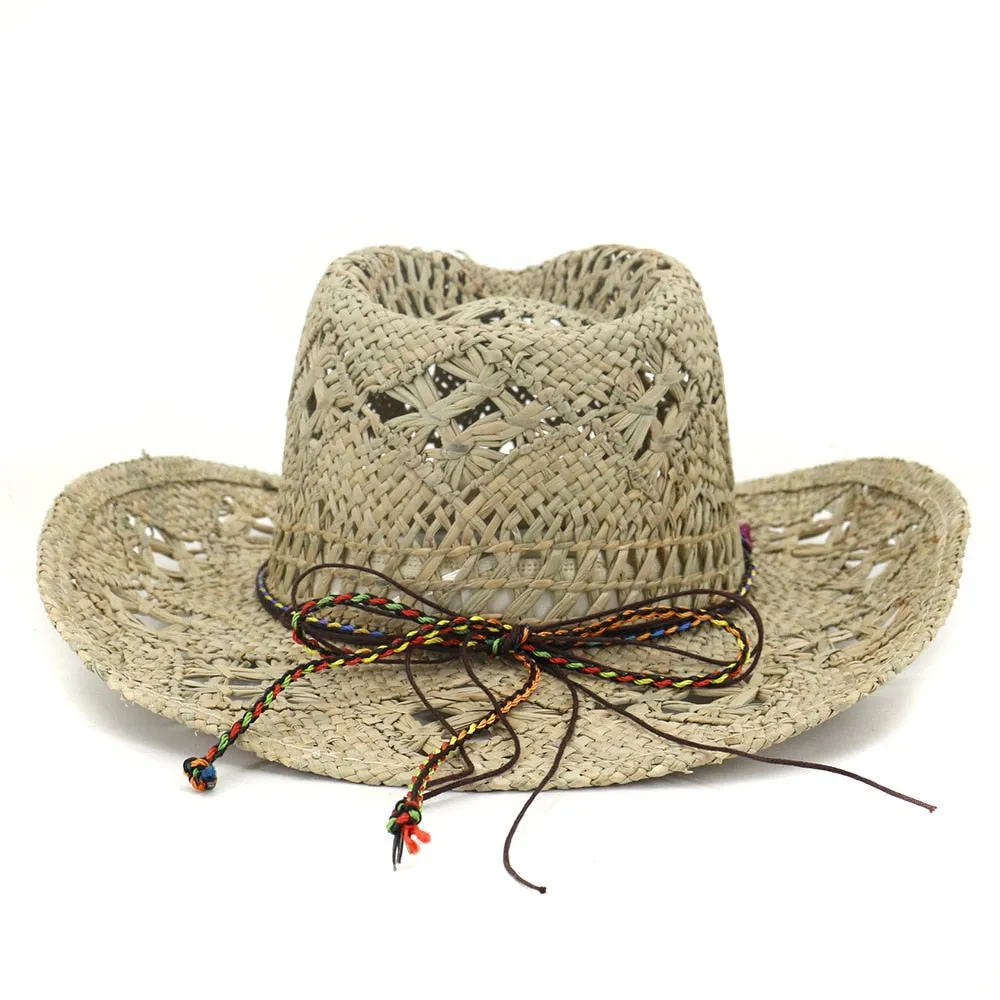 Unisex Summer Fashion Straw Handmade Gem Decor Beachwear Cowboy Hat