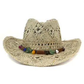 Unisex Summer Fashion Straw Handmade Gem Decor Beachwear Cowboy Hat