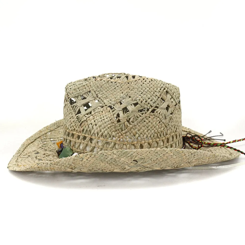 Unisex Summer Fashion Straw Handmade Gem Decor Beachwear Cowboy Hat