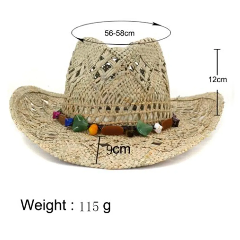 Unisex Summer Fashion Straw Handmade Gem Decor Beachwear Cowboy Hat