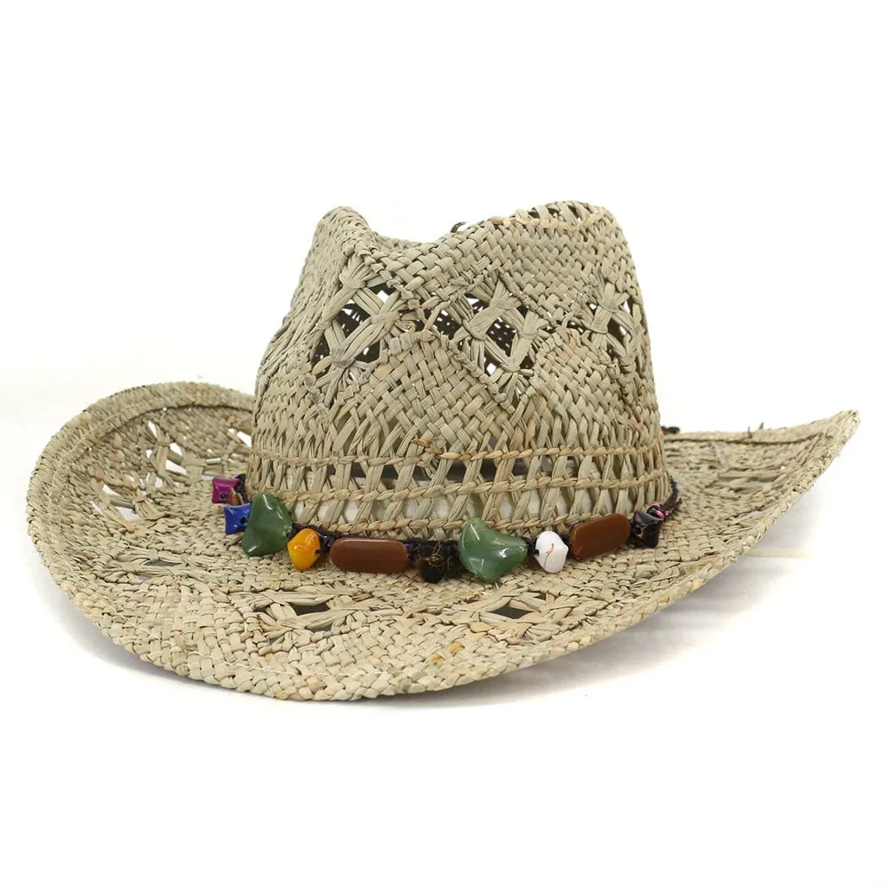 Unisex Summer Fashion Straw Handmade Gem Decor Beachwear Cowboy Hat