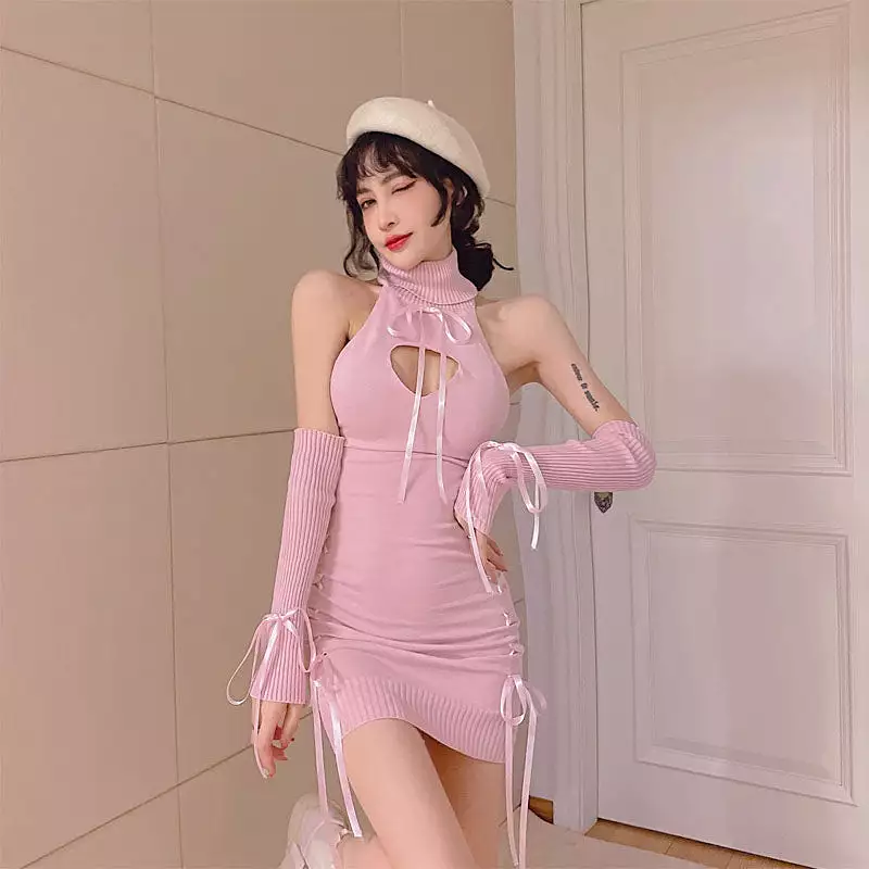 Virgin Killer Sweater Backless Ribbons Sweater Dress