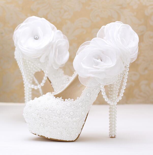 White Rose Wedding Heel Pumps Shoes