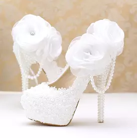 White Rose Wedding Heel Pumps Shoes