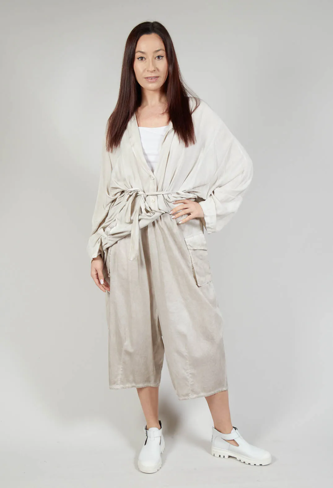 Wide Leg Capri Trousers in Cotone Tinto Freddo Desert