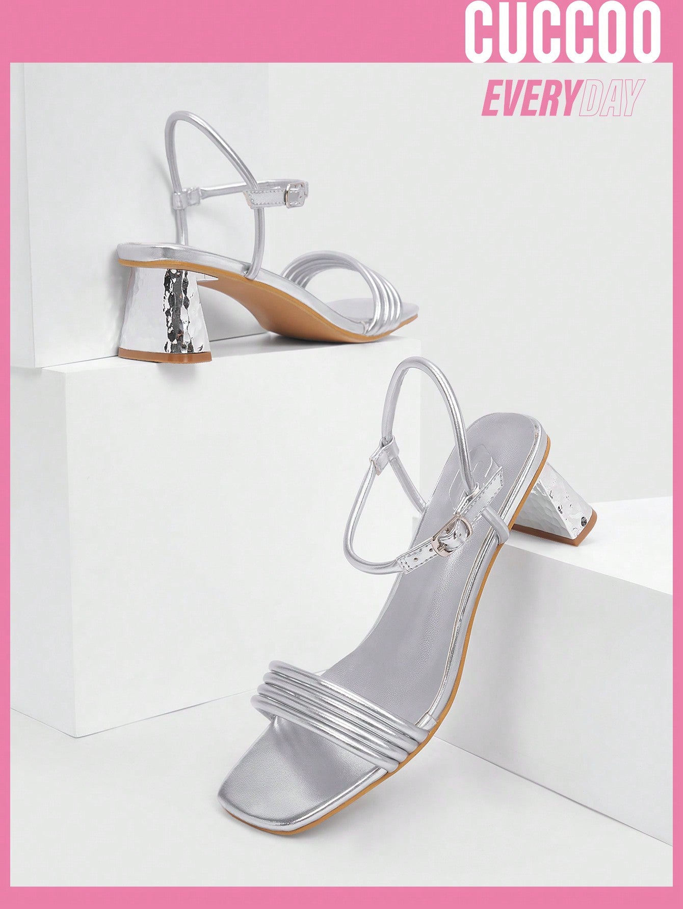 Woman Shoes Fashionable Silver Water Ripple Design Medium Heel Round Toe Sandals For Spring And Summer