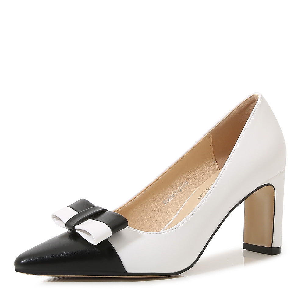 Women's Bicolor Bow Tie Pointed Toe Shallow Chunky Heel Pumps