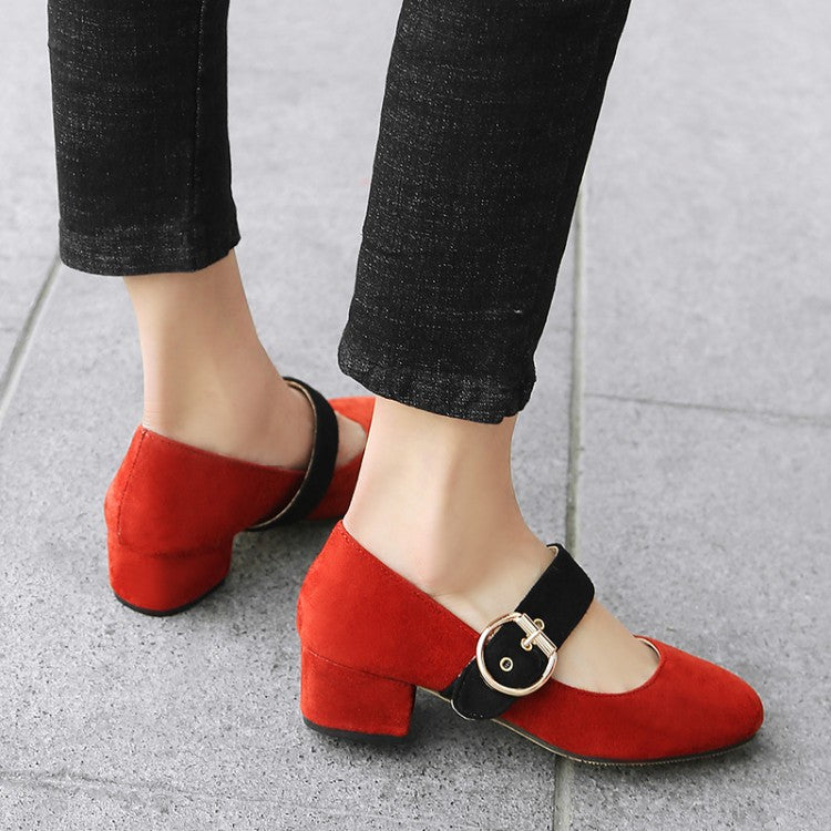 Women's Bicolor Buckle Straps Mary Janes Block Heel Pumps