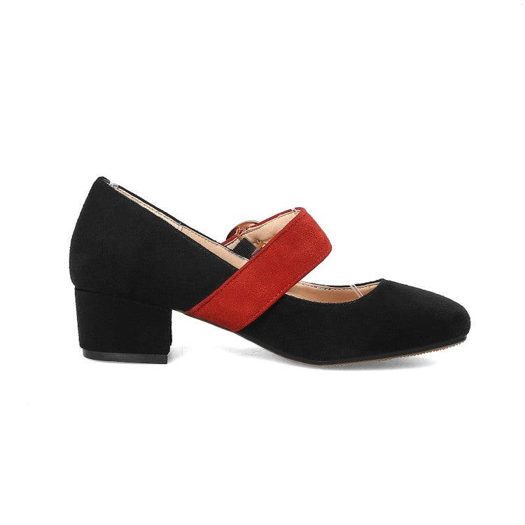 Women's Bicolor Buckle Straps Mary Janes Block Heel Pumps