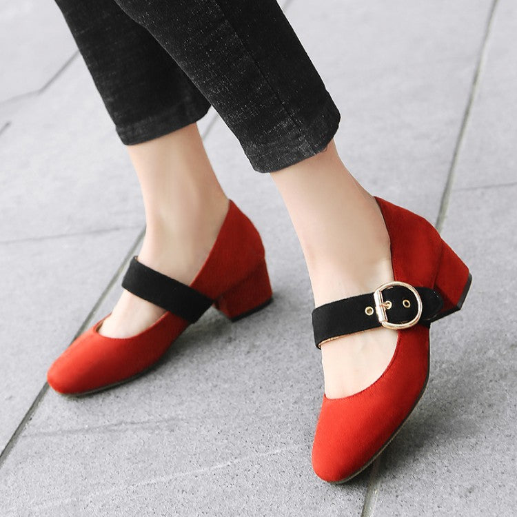 Women's Bicolor Buckle Straps Mary Janes Block Heel Pumps