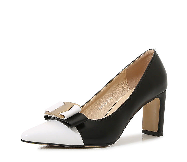 Women's Bicolor Pointed Toe Bow Tie Shallow Chunky Heel Pumps