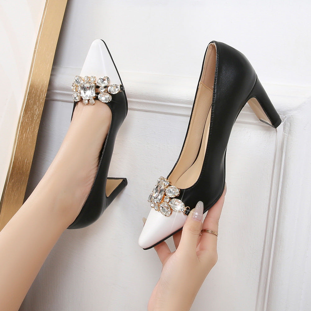 Women's Bicolor Pointed Toe Rhinestone Shallow Chunky Heel Pumps