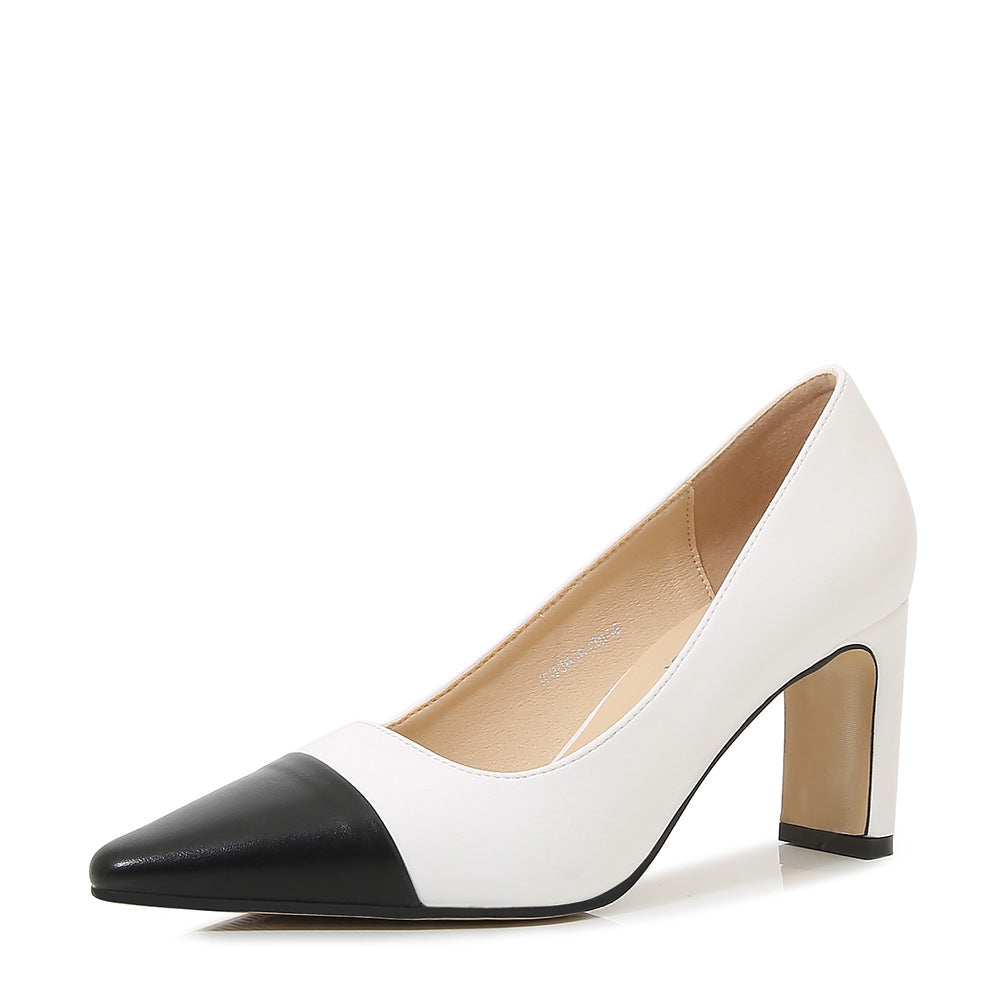 Women's Bicolor Pointed Toe Shallow Chunky Heel Pumps