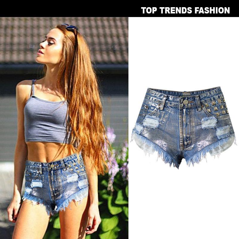 Women's High Waist Slim Frayed Rivets Denim Hot Pants Metal Silver Street Shots Large Size