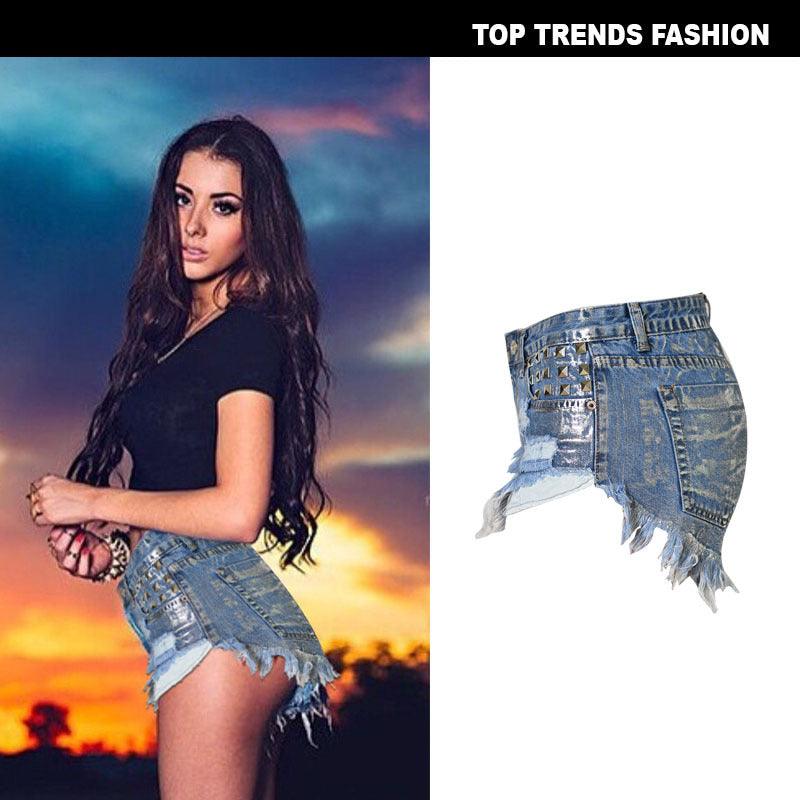 Women's High Waist Slim Frayed Rivets Denim Hot Pants Metal Silver Street Shots Large Size