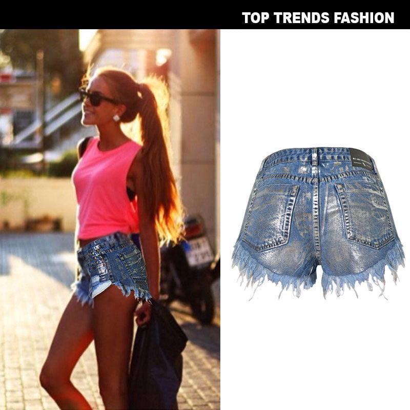 Women's High Waist Slim Frayed Rivets Denim Hot Pants Metal Silver Street Shots Large Size