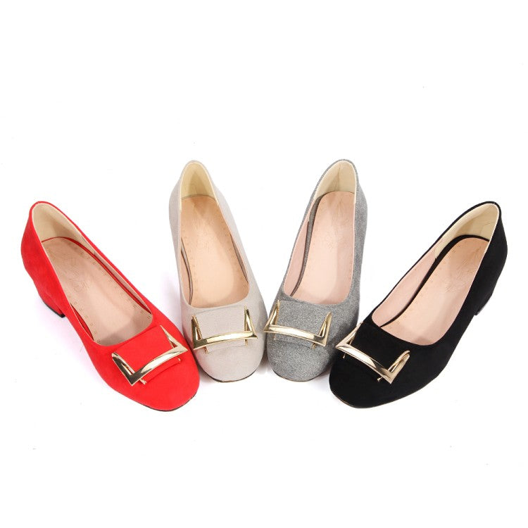 Women's Metal Square Buckles Shallow Block Heel Pumps