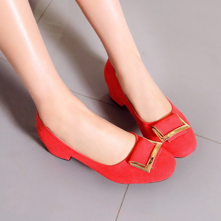 Women's Metal Square Buckles Shallow Block Heel Pumps