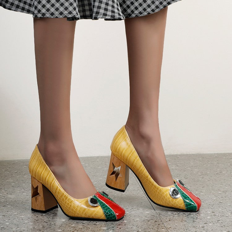 Women's Patchwork Shallow Cutout Block Chunky Heel Pumps