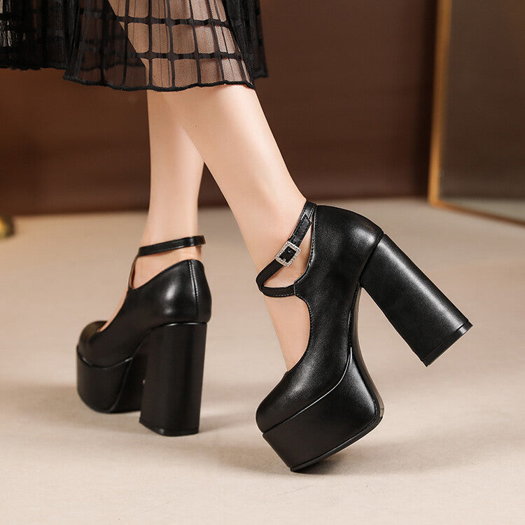 Women's Round Toe Ankle Strap Platform Chunky Heel Pumps