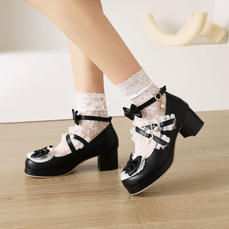 Women's Round Toe Lace Bow Tie Chunky Heel Pumps