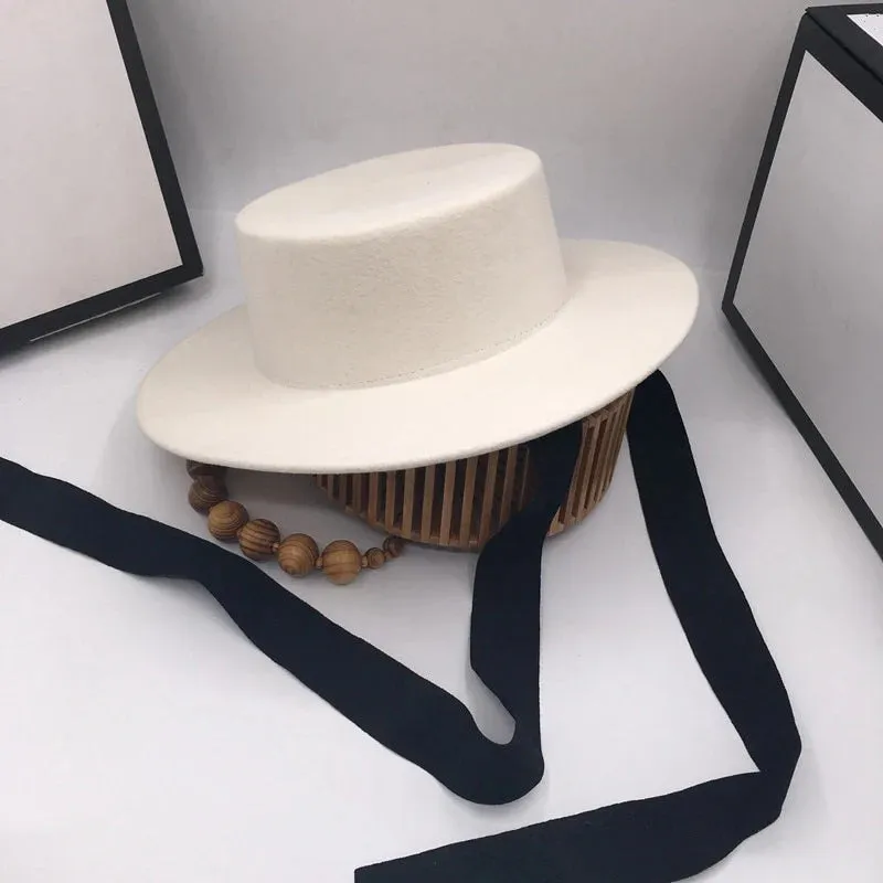 Women's White Woollen Cloth Flat Top Wide Eaves Long Ribbon Hats