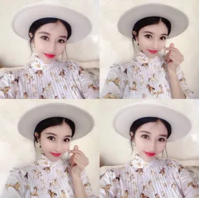 Women's White Woollen Cloth Flat Top Wide Eaves Long Ribbon Hats